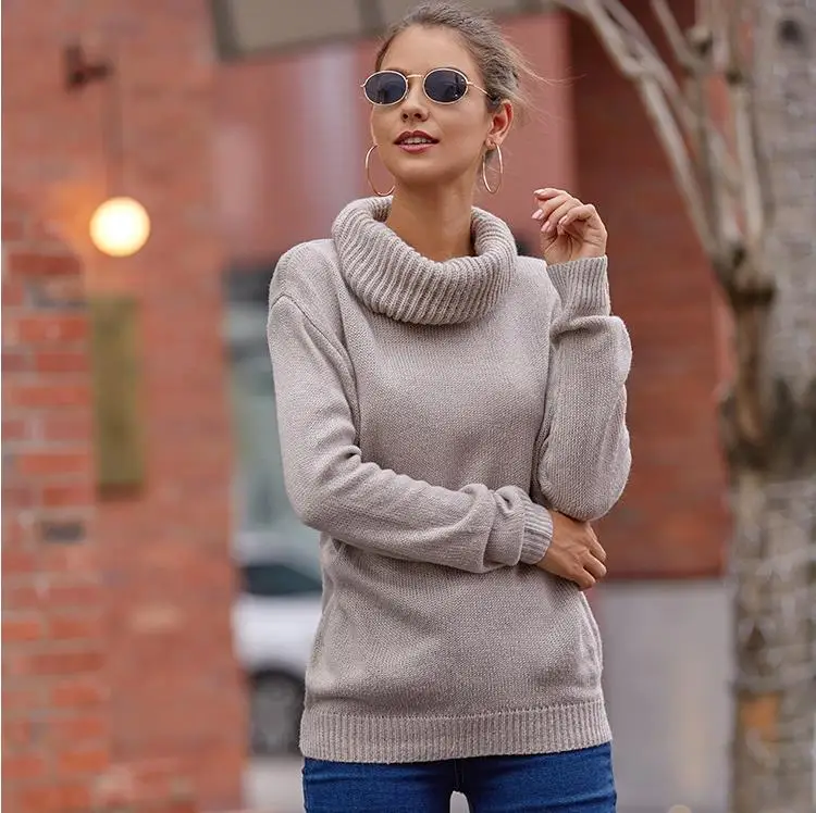 Свитер женский модный однотонный пуловер с длинными рукавами и высоким воротником вязаный свитер