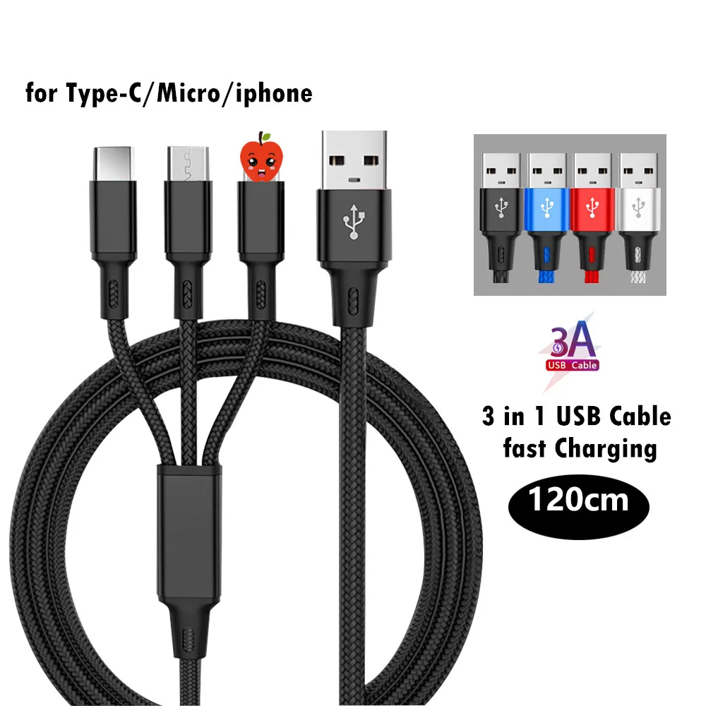 Кабель Micro USB 3 в 1 Type C 8-Pin быстрая зарядка для Samsung Xiaomi Android iPhone 12 11 Pro XS XR Max 8 Plus |
