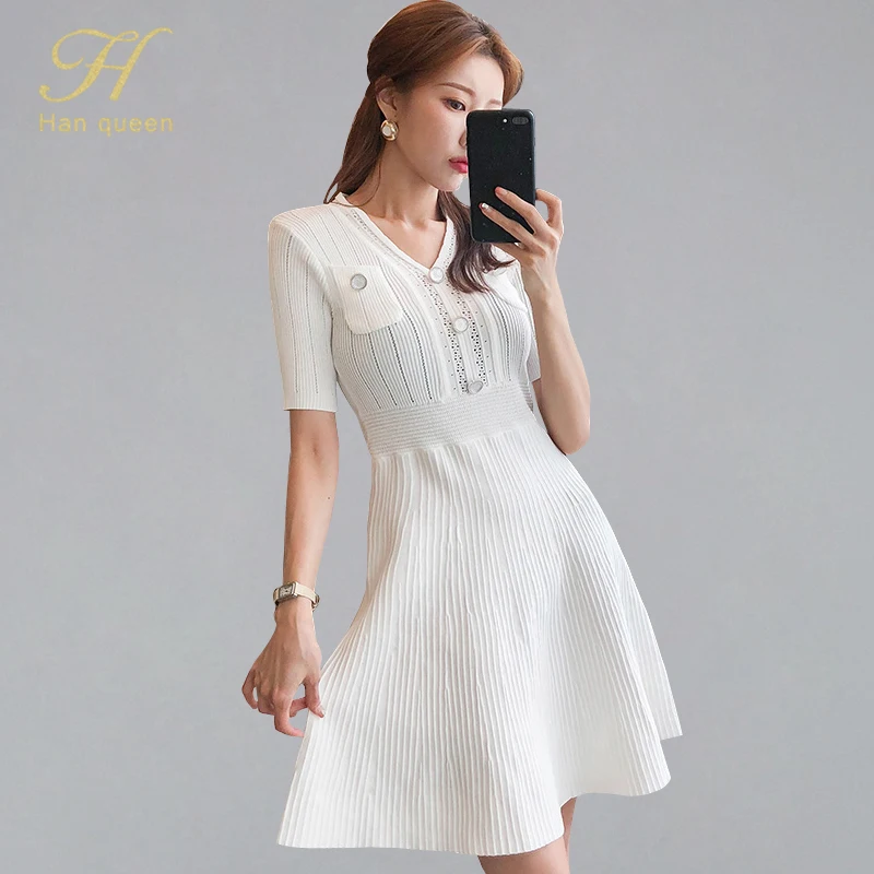 

H Han Queen Solid Color White Knitted Stretch A-line Dress Women 2019 Summer Ruffles Swing Dresses OL Elastic Extensive Vestidos