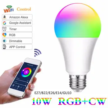 

Lampara WiFi Smart Bulbs LED Light Lamp E27 B22 E26 E14 GU10 Dimmable 10W Magic RGB+W Voice Control Work with Alexa Google IFTTT