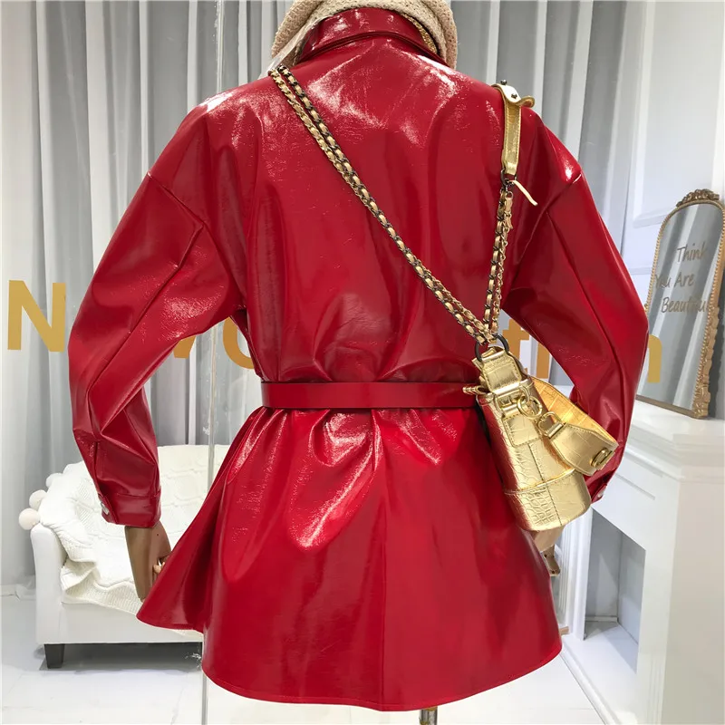 ALPHALMODA осень дизайнерский привлекательный пояс-завязывается яркая одежда из искусственной кожи средней длины пальто Женская мода PU куртка