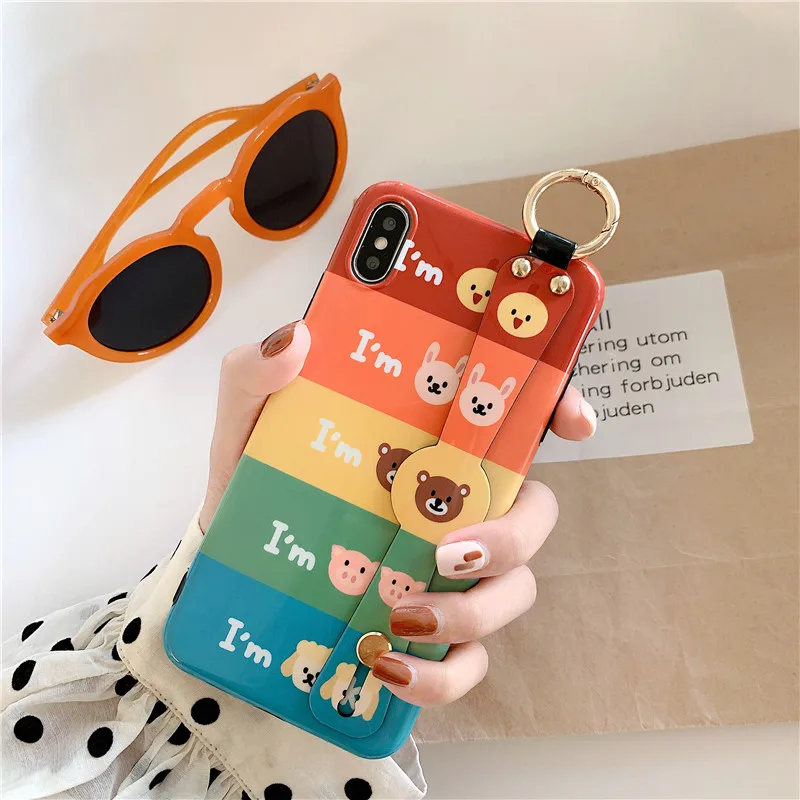 

GYKZ Cute Animal Rainbow Wristband Phone Case For iPhone 6 6s X XS MAX XR 7 8 Plus Stand Holder Soft IMD Back Cover Bear Coque