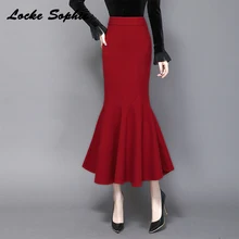 Юбки с завышенной талией, женские юбки рыбий хвост, осень, смесь хлопка, Комбинированная юбка с эластичными оборками, женские Обтягивающие юбки-трубы