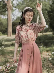 2019 Новый Модный женский комплект из двух предметов, летняя винтажная шифоновая рубашка + юбка, костюм из трех предметов, французский