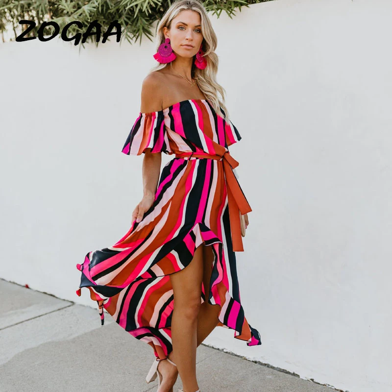 ZOGAA Off Shoulder Ruffle Striped Summer Dress Casual Front Fork Beach Women Maxi Backless Wrap Long Vestidos 2019 | Женская одежда