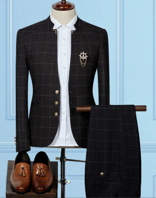 black Fashion Business Plaid Suits Men 2 Piece Set Asian Size XXXL Slim Fit Men Dress Suit New Popular Stand Collar Men Wedding Suits - Цвет: black