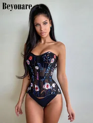 Beyouare Women Tube Tops Lace Up Wide Belt Mesh Fitted Waist Corset Embroidered Floral Print Strapless Vest Fashion Summer 2022