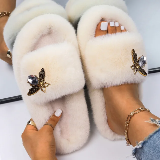 Slippers Women Furry Slides Fashion Rhinestone Letter Fluffy Flip Flops Ladies Winter Slippers Platform Sandals Female Shoes Beige4