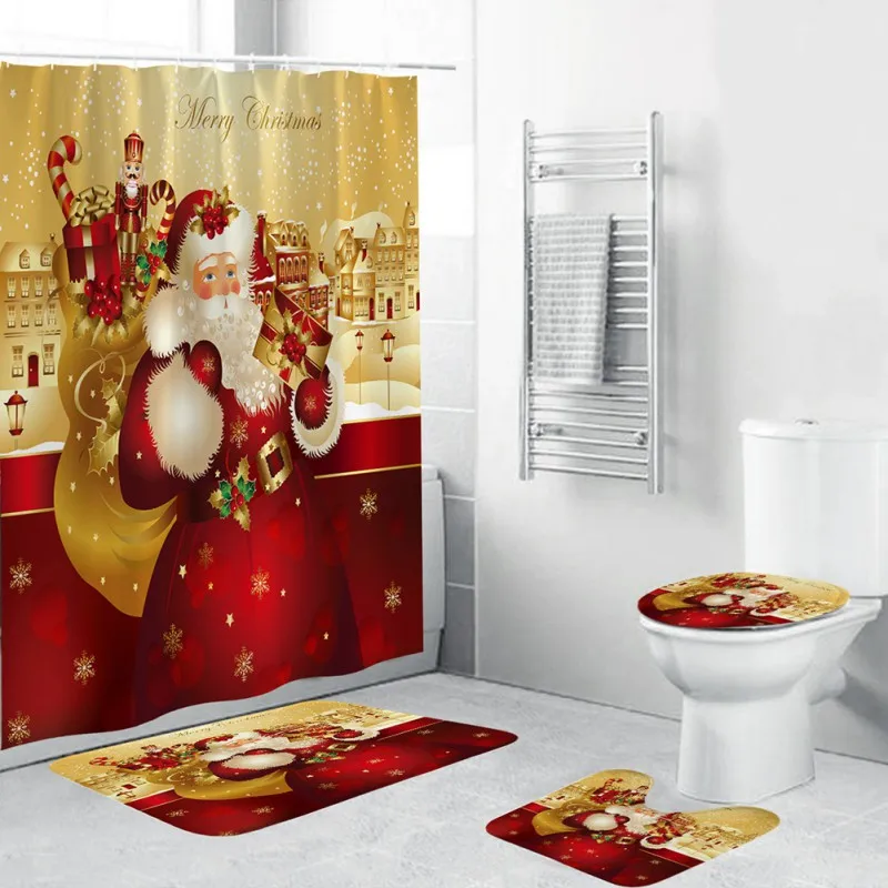 

Christmas Bathroom Set Snowman Santa Pattern Wear-resistant Thicken Waterproof Shower Curtain Toilet Cover Mat Non Slip Rug