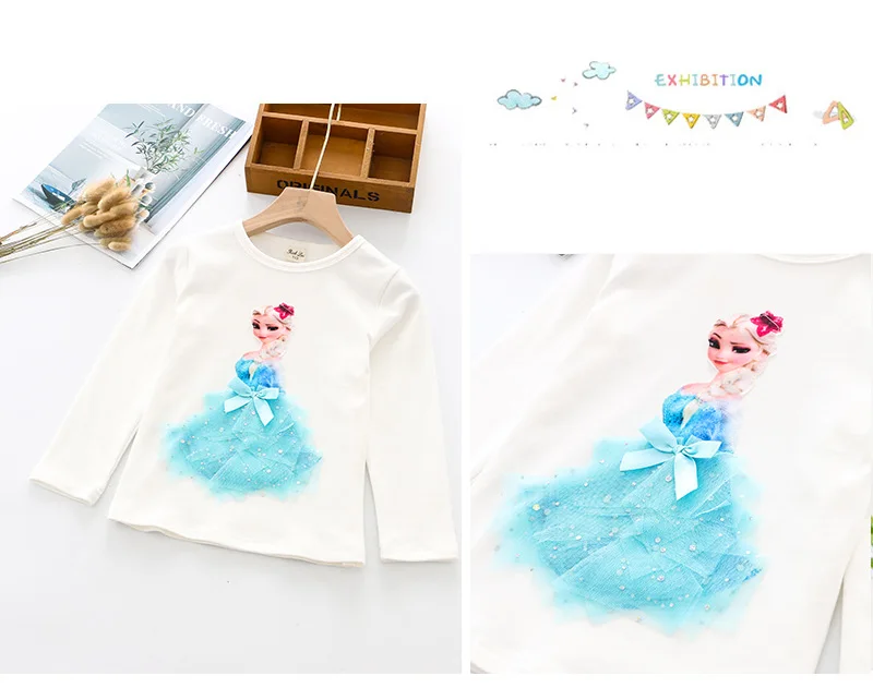 New Autumn Princess Kids Girls T-Shirt Elsa Anna Cotton Tees Mesh T Shirt 3D Tops Cotton Baby Birthday Party Anna Tops Clothing