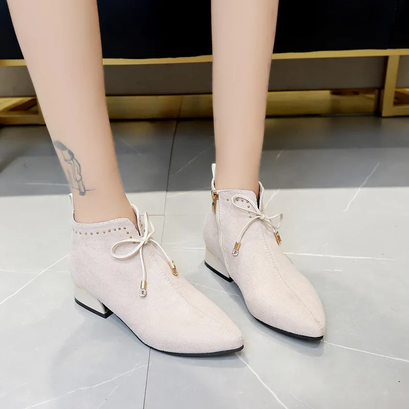 

2019 Autumn And Winter New Style Chunky-Heel Bow Pointed-Toe Rivet Single Boots Women's Side Zipper Martin Boots Suede WOMEN'S B