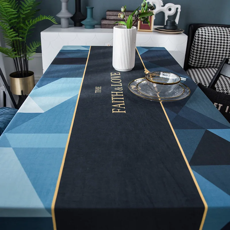  European luxury rectangle tablecloth blue color Geometric patterns Suede for dining table digital p
