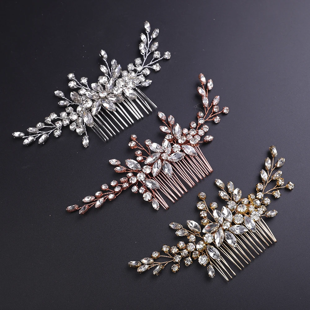 Silver Rhinestone Hair Comb Luxury Women Headpieces Tiara Wedding Hair Ornaments Flower Jewelry Bridal Headwear Clip