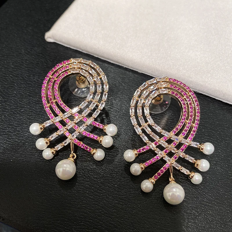 

Fashion Cross bowknot earrings colorful cubic zirconia pearls earrings women brand jewelry gold-plating tassel stud earring