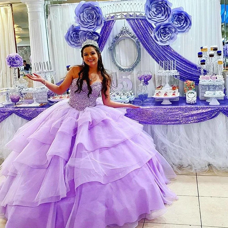 Lavender Quinceanera Dress Sweetheart Ruffles Tulle Beaded Crystal Princess Ball Gown Sweet 15 Dress 16 Girls Prom Wear long sleeve prom dresses