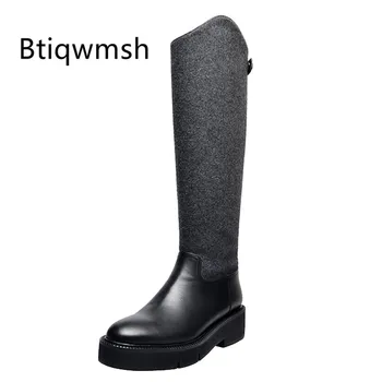 

2019 Chic Design Knee High Boots Women Round Toe Woollen Leather Patchwork Low Heel Knight Boots Ladies Military Boots Winter