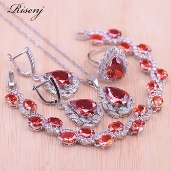 

China Red Zircon Water Drop Silver Color Costume Jewelry Set Earrings Ring Necklace Bracelet Set Bridal Jewelry Set