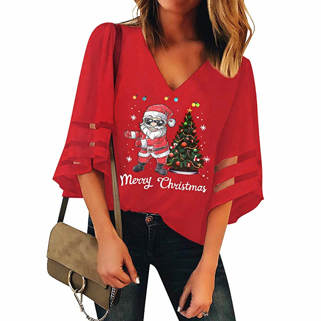 CHAMSGEND Womens Blouses Vintage Loose Christmas Long Sleeve Trumpet Blouse Ladies V-Neck Mesh Top Fashion Clothing 1023