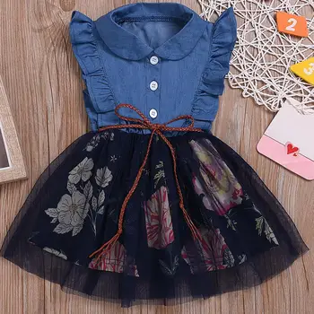 

Infant Baby Girl Fly Sleeve Floral Print Splice Mesh Midi Dress with Waistband Lapel denim top with sleeveless mesh puff dress