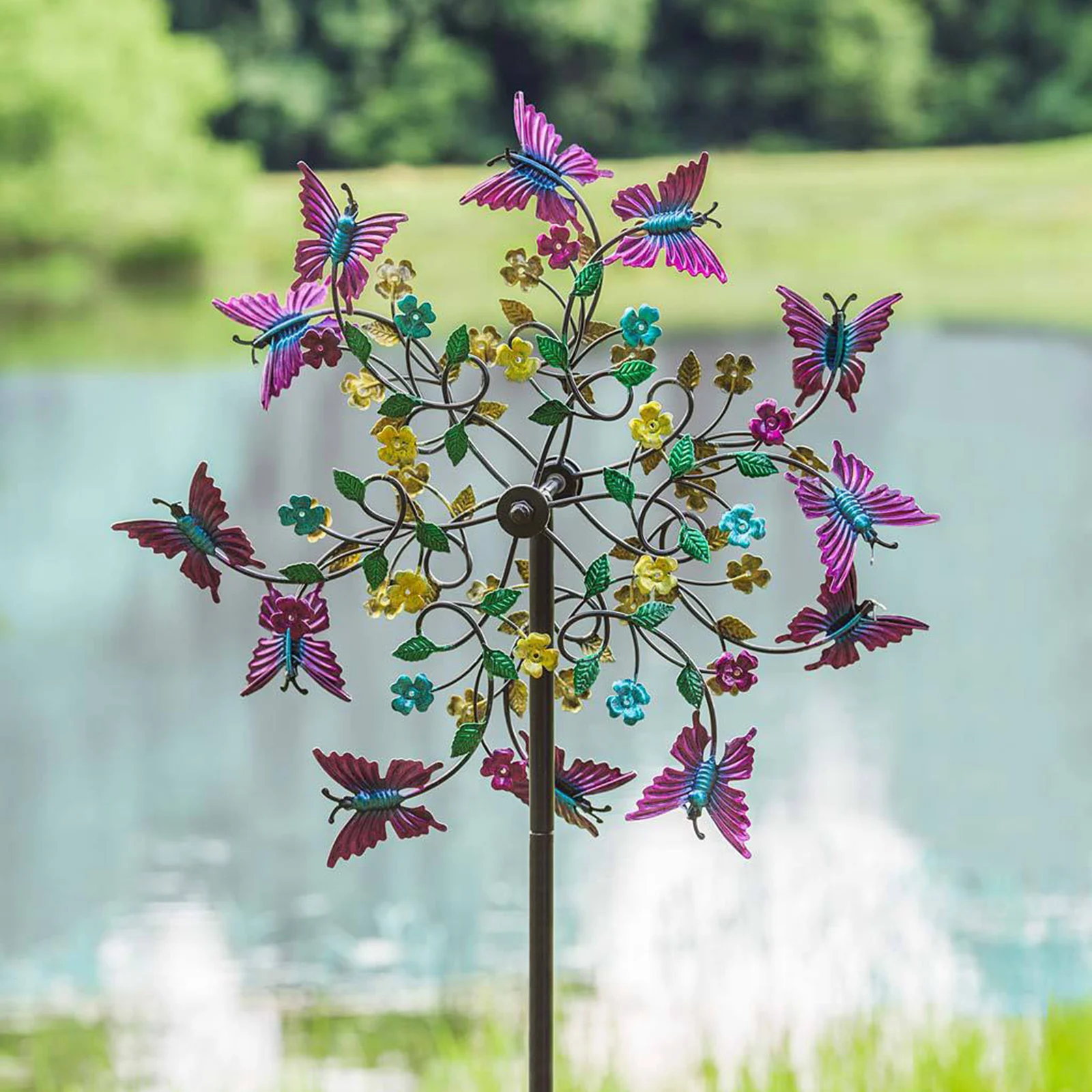 170x20cm Wrought Iron Butterfly Windmill Ground Plug Colorful Flower