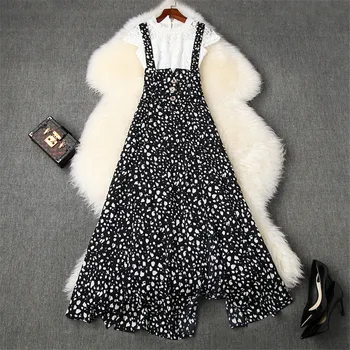 

Elegant Summer 2 Piece Dress Womens Clothing 2020 Fashion Designer Hollow White Lace Top and Print Split Chiffon Long Dress