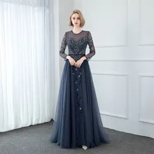 YQLNNE пыльно-голубое вечернее платье с длинным рукавом и круглым вырезом из тюля, украшенное кристаллами и бисером, официальное вечернее платье