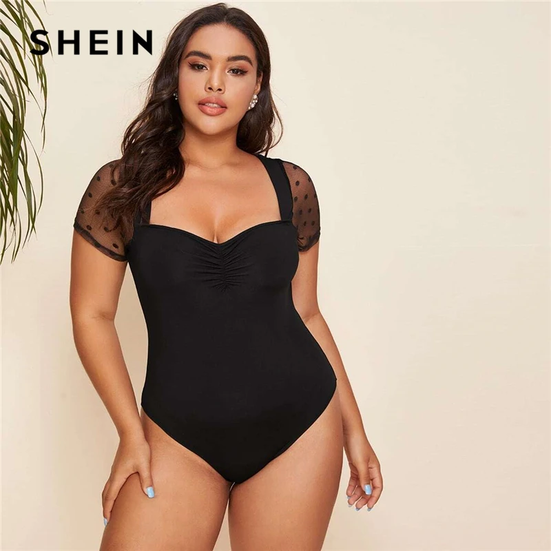 SHEIN Plus Size Black Dobby Mesh Sheer Sleeve Ruched Front Bodysuit Women Summer Sweetheart Neck Solid Plus Elegant Bodysuits SHEIN Plus Size Black Dobby Mesh Sheer Sleeve Ruched Front Bodysuit Women Summer Sweetheart Neck Solid Plus Elegant Bodysuits