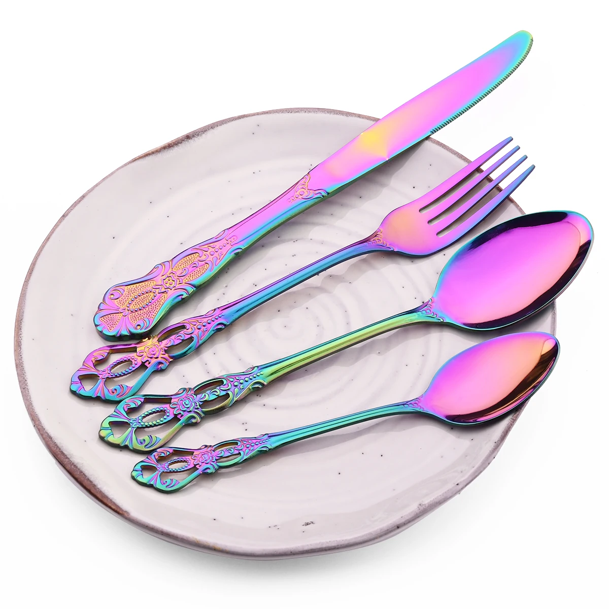 Description Picture 6 of item6/30Pcs Royal Colorful Dinnerware Set Knife Dessert Fork Spoon Cutlery Set Stainless Steel Silverware Kitchen Tableware Flatware