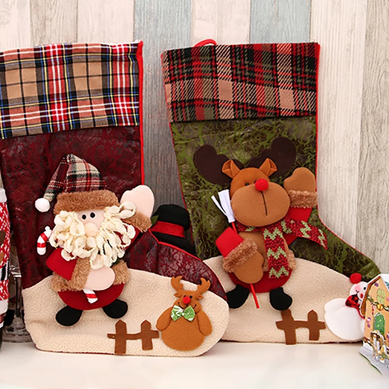 3D клетчатые рождественские чулки, большие яркие Висячие Сумки носки дизайн для семьи детей Декор Рождественская елка