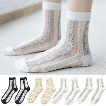 

Women Socks Fashion Sheer Glass Silk Socks Ultra Thin Transparent Crystal Lace Fabulous Elastic Ladies Summer Ankle Sock