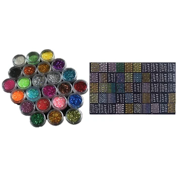 

1 Set 24 Colors Bright Acrylic Glitter Sequins & 50 Sheet 3D Mix Color Floral Design Nail Art Stickers Decals