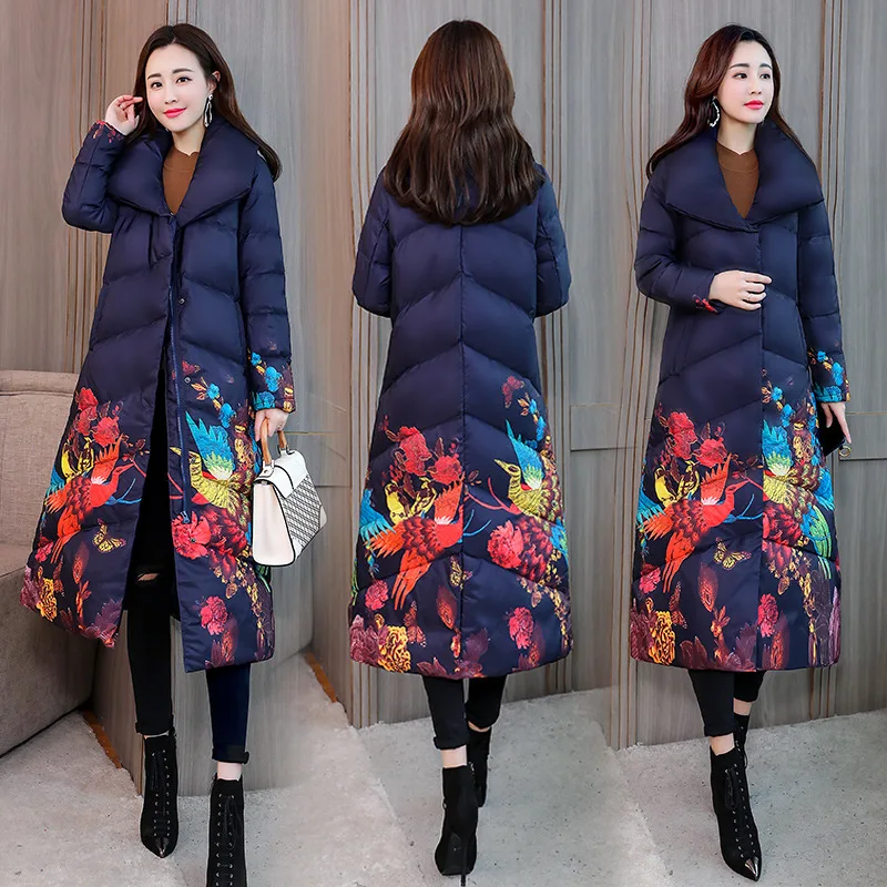 

Cotton-padded Jacket Women's 2019 Winter New Style over-the-Knee Medium-length Vintage Printed Cotton-padded Clothes Fashion Sli