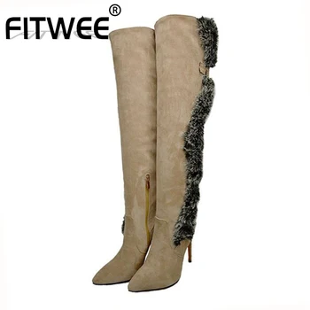 

FITWEE Plus Size 34-47 Women Thigh High Boots Sexy Pointed Toe Buckle Thin Heels Winter Keep Warm Fur Shoes Women Long Boots