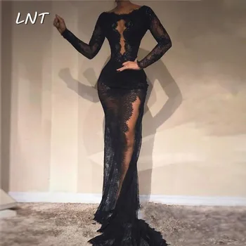 

Sheer Black Lace Mermaid Prom Dresses Illusion Long Sleeve High Split Evening Gowns Vestido de festa longo
