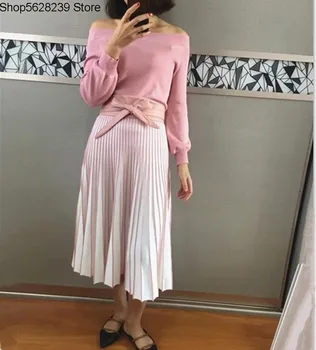 

Knitting Skirt Women's Wear Early Contrast Color Long Waist Slimming Belt Dress