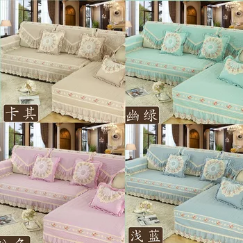 

Simple modern solid color Polyester / Cotton non-slip sofa cover cushion backrest pillow L shaped lace couch cover Customized