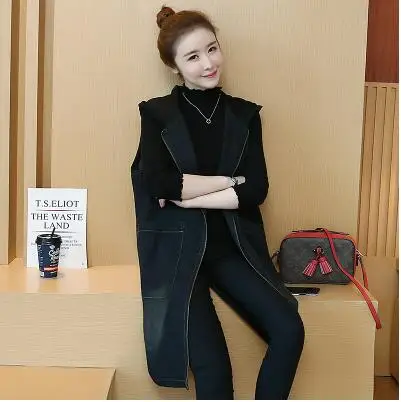 Dark blue long vest Новинка, высокое качество, весенне-осенний женский жилет размера плюс, джинсовая женская куртка, модный длинный жилет без рукавов с дырками, 100 кг - Цвет: Dark blue long vest
