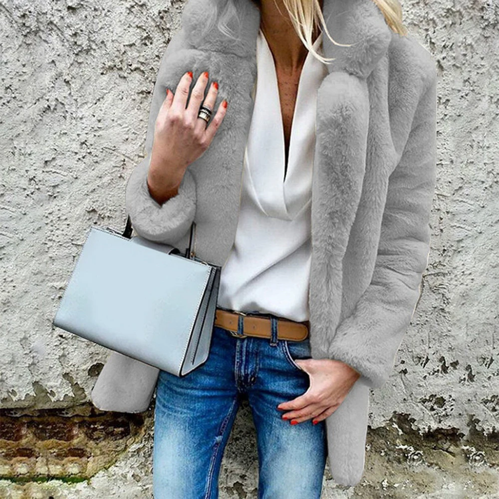 

Women's Fleece Jacket Fluffy Fake Fur Cardigan Autumn Winter Warm Jackets Solid long-sleeved Cardigans Coat