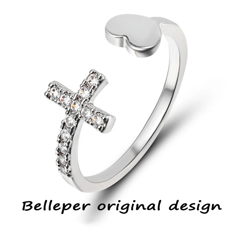

Simple Silver Color Cross Heart Rhinestone Opening Ring For Women Zircon Heart Cross Adjustable Rings Party Wedding Jewelry Gift