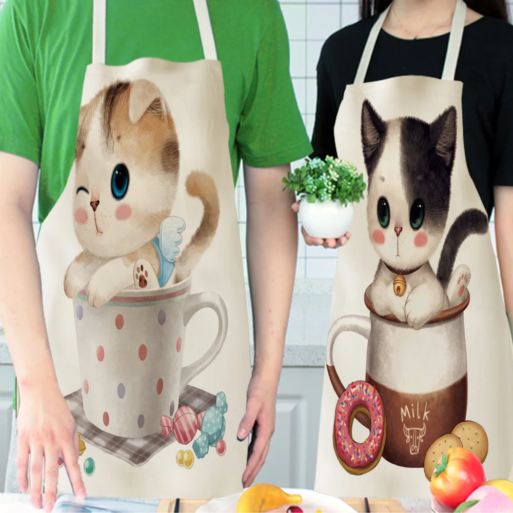 Cat Animals Printed Kitchen Aprons for Women Kids Sleeveless Dolphin Elephant Cotton Linen Bibs Cooking Baking Cleaning Tools