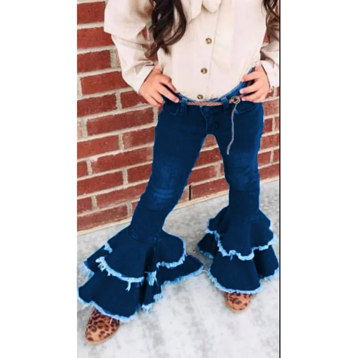 Детская одежда Детские джинсы для маленьких девочек брюки-клеш темно-синие длинные джинсовые штаны с широкими штанинами От 2 до 7 лет