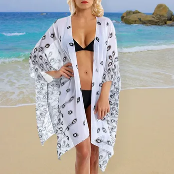 

Ladies Fashion Beach Dress Solid Bikini Pareo Feather Cover Up Pattern Travel Beach Chiffon Blouse Swimwear Tunic Mujer Clothes