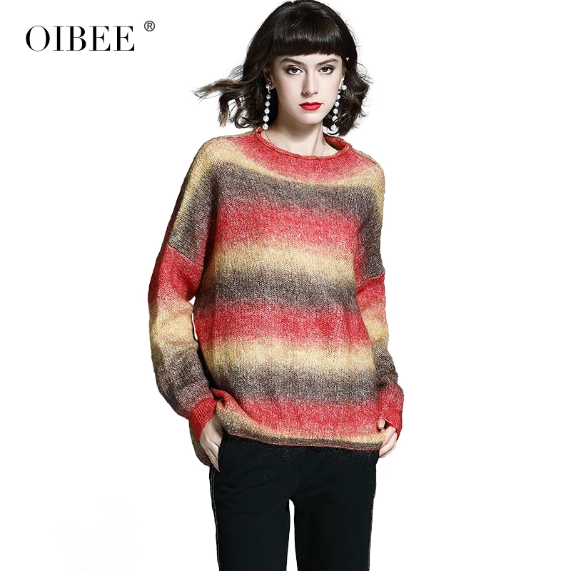 Красный OIBEE2019 Осень и Зима Свободный пуловер свитер утолщение мохер цвет полосы длинный свитер джемпер - Цвет: Красный