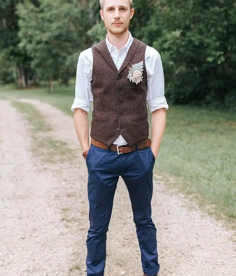 Dark Brown Wool Groom Vests Country Herringbone Tweed Slim Fit Wedding Party for Men Attire Groomsmen Prom Silver Back
