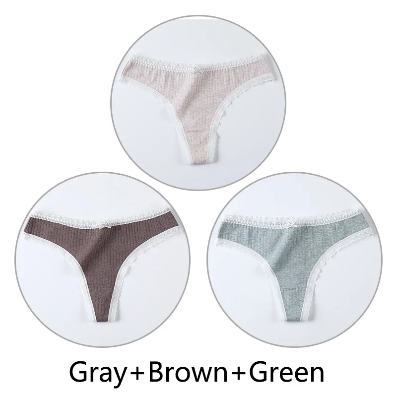 Gray Brown Green 3 шт цветные хлопковые стринги женские Сексуальные Кружевные Трусики бесшовное белье мягкое нижнее белье натуральный шелк промежность Женская Стринги с низкой талией - Цвет: Gray Brown Green