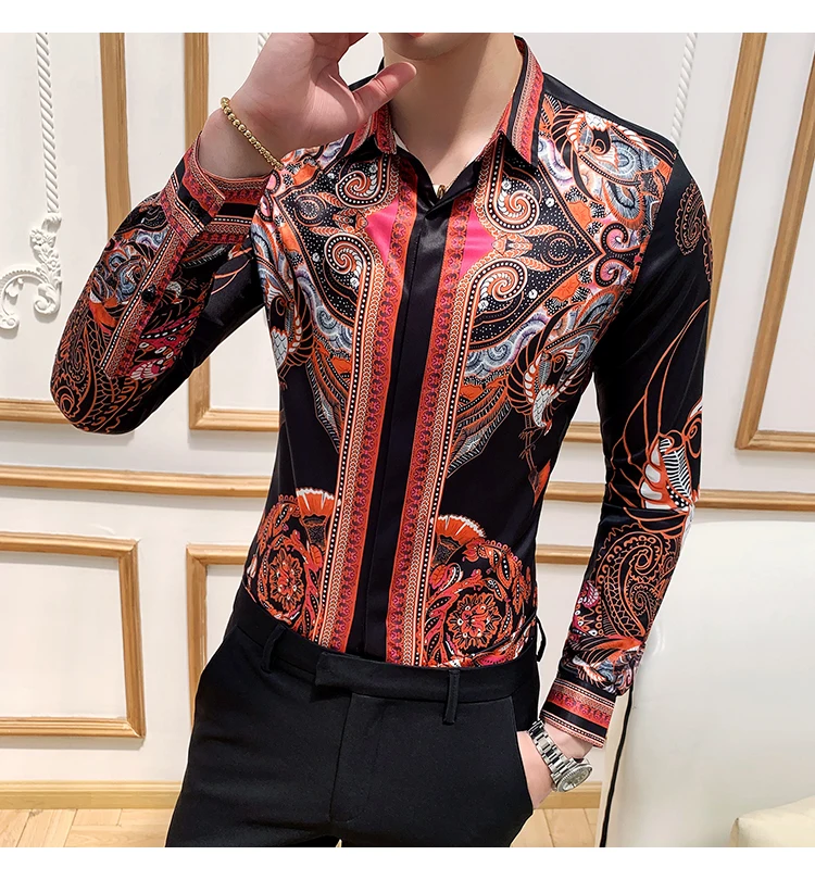 Luxury Men's Floral Print Shirt Fashion Brand Long Sleeve Slim Camisa masculina Social Men's Tuxedo Shirt Club Prom Costume