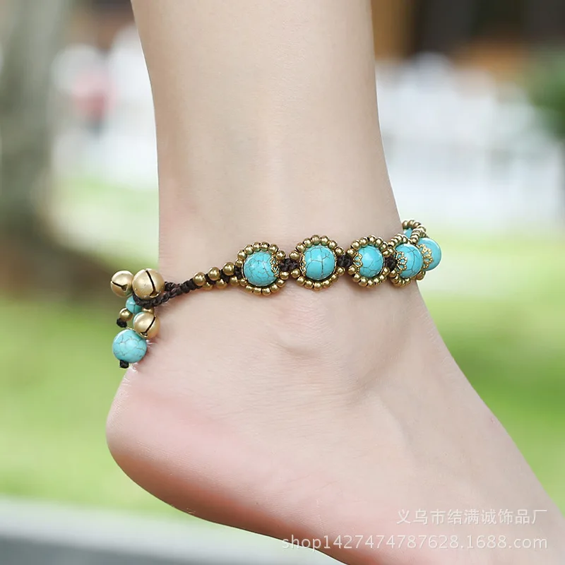 Bohemian Handmade Natural Stone Bells Pendant Anklet Chain For Women Beach Ethnic Foot Chain Charms Jewelry