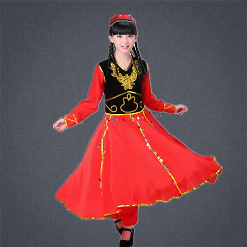 Костюмы для народных танцев в китайском стиле, одежда Xingjiang, одежда для выступлений в национальном стиле, платье для мальчиков и девочек, костюмы для китайских танцев - Цвет: Red female