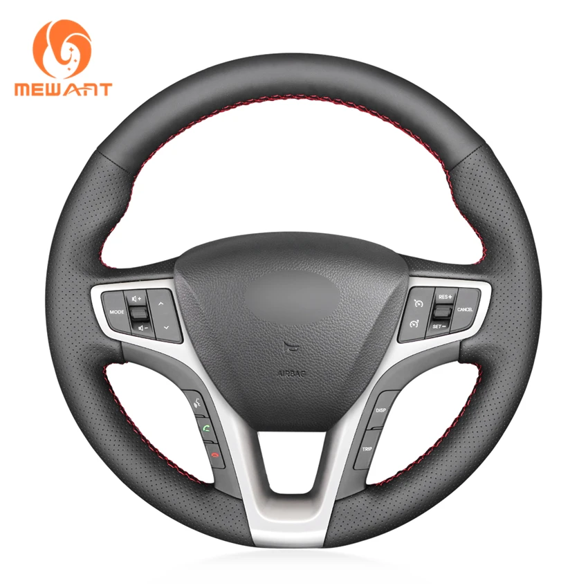 MEWANT Hand Sewing Black Genuine Leather Car Steering Wheel Cover for Hyundai I40 2011 2012 2013 2014 2015 2016 2017 2018-2020