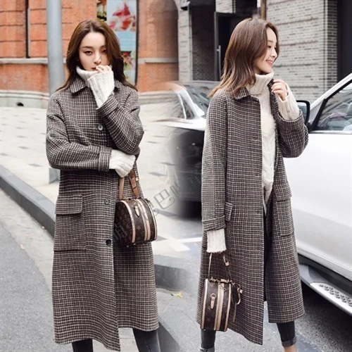 coffee CM8811 YASUGUOJI модное клетчатое шерстяное пальто для женщин, утолщенное длинное шерстяное пальто для женщин, женские мохеровые пальто, женские зимние длинные элегантные пальто - Цвет: coffee CM8811